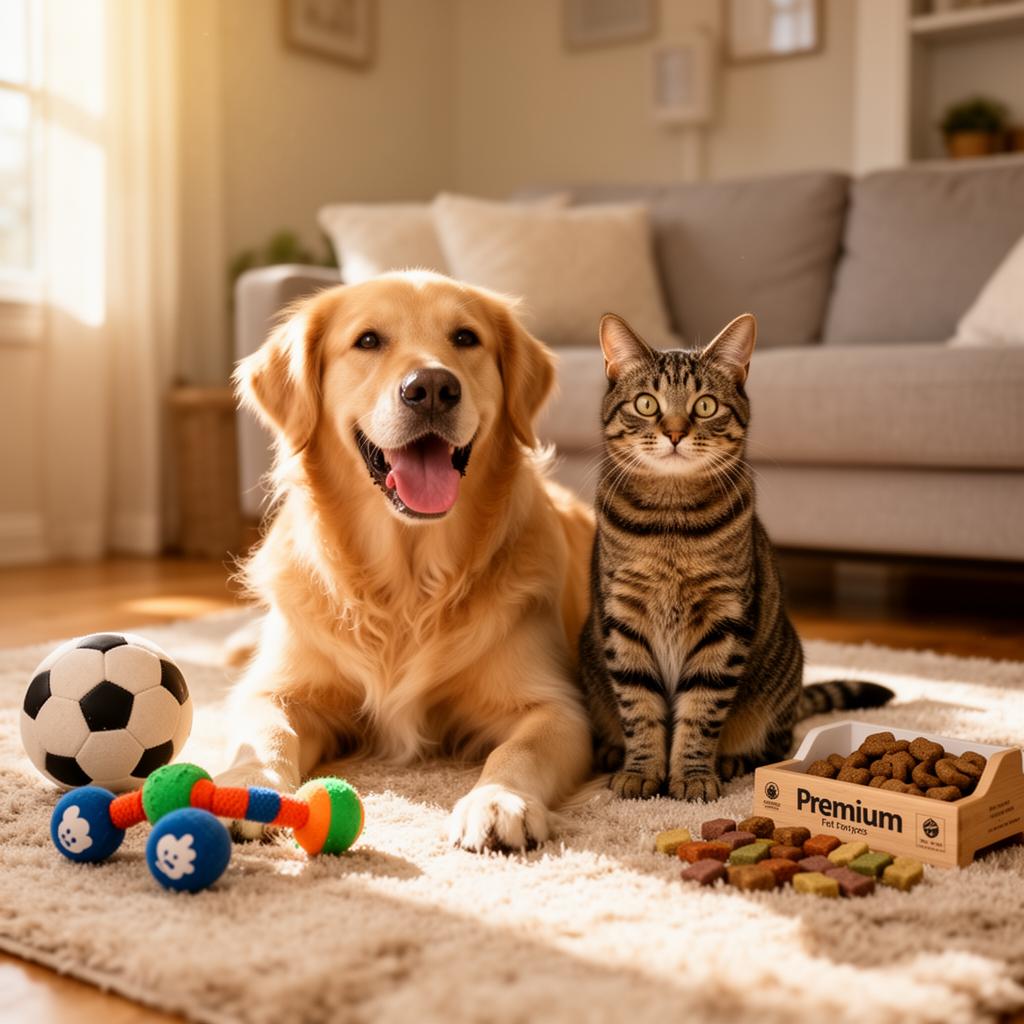 Happy golden retriever and tabby cat with premium pet toys