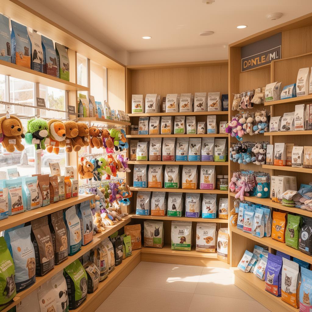 Interior of Paw A Day Inn Store with premium pet supplies on wooden shelves