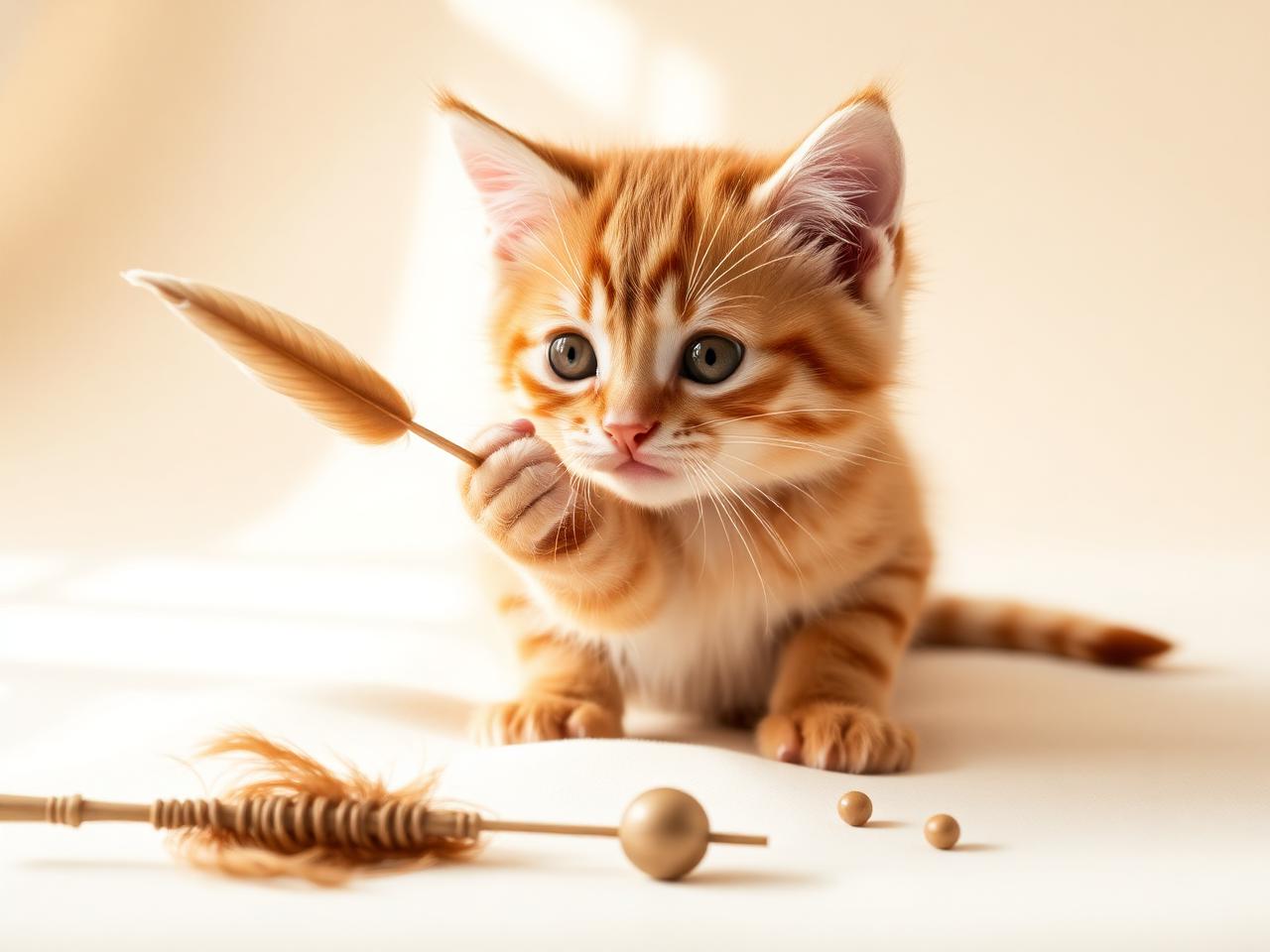 Orange tabby kitten playing with a feather wand cat toy