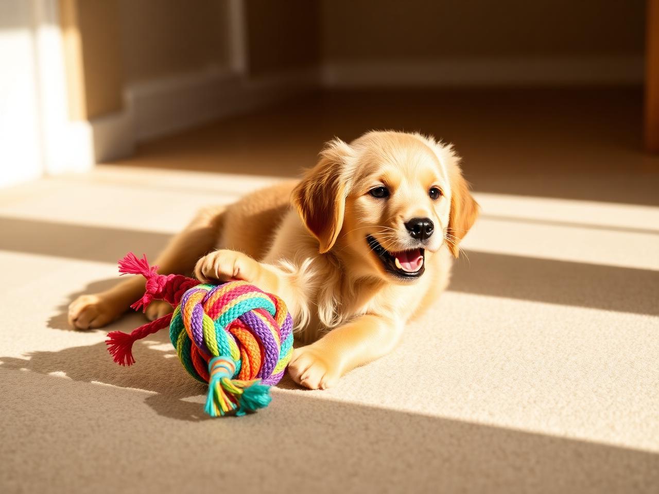 Golden retriever puppy playing with a colorful rope dog toy